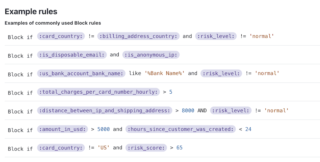 Example Stripe Radar block rules powered by metadata